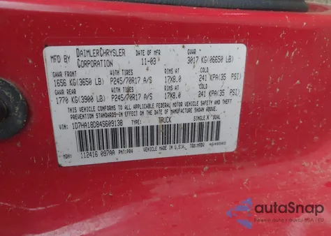 2004 Dodge Ram 1500 Slt/Laramie из США, поврежденный, VIN 1D7HA18D84S609138